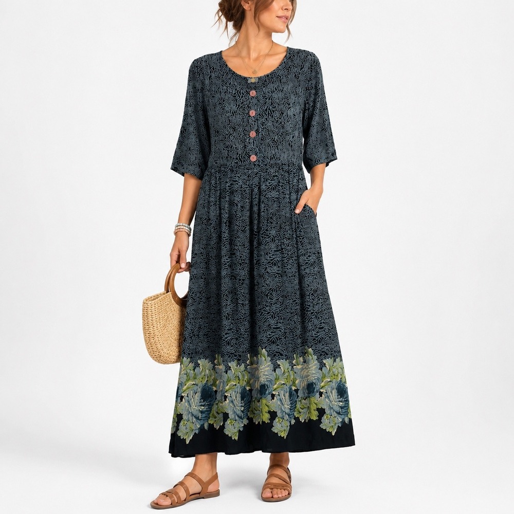 Vintage Rabbit Designs Blue Floral Rayon Maxi Dress Size 8 Made in USA